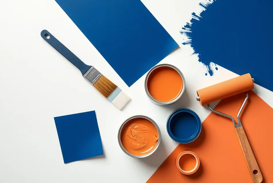 Pots de peinture, nuancier, brosses et rouleaux disposés à plat