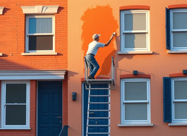 Peintre sur échafaudage traitant la façade d'une maison